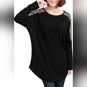 Leopard Prints Batwing Sleeve Stretch Loose Tunic Black